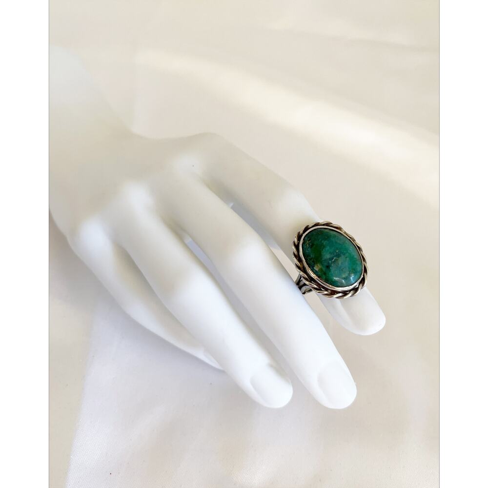 Native American Navajo Sterling Silver Turquoise Twisted Rope Bezel Split Band - Picture 7 of 11